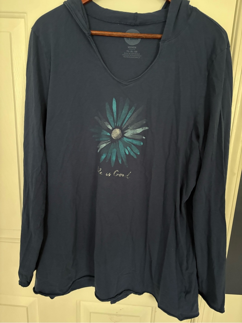 Life Is Good Women's Navy Hooded Long Sleeve Tee with Teal Daisy